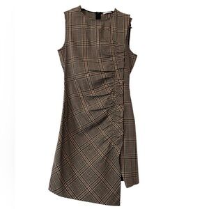 Motivi Italian Wool Blend Chocolate Plaid Dress Size 2 Ruffle Academia Old Money